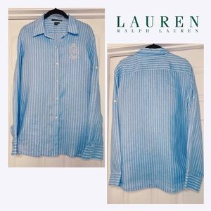 LAUREN Ralph Lauren 100% Linen Embroidered logo Women’s button-up shirt sz XL